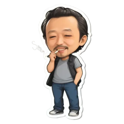 A man is smoking a cigarette and has a sticker of him on his pants.