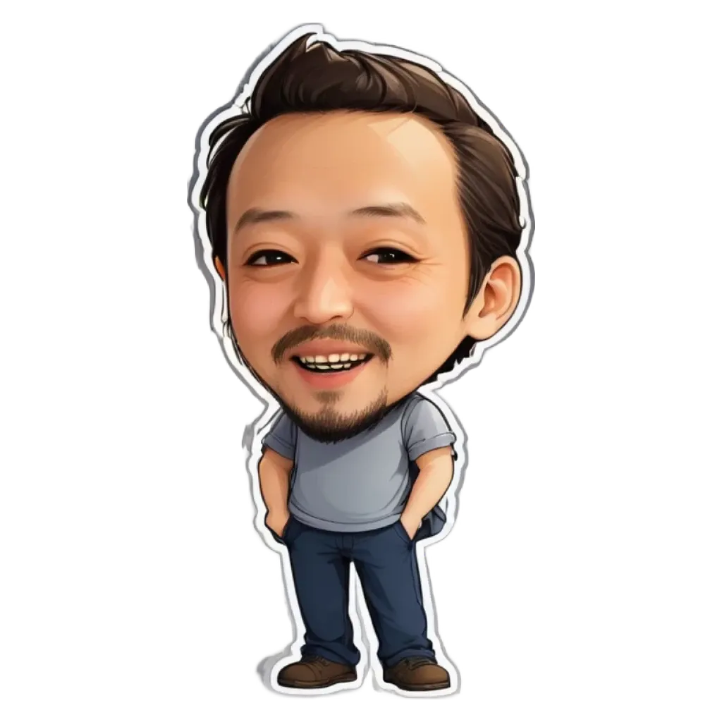 A man is depicted with a sticker of him smiling and having his hands in his pockets.
