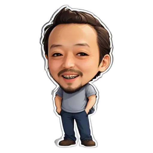 A man is depicted with a sticker of him smiling and having his hands in his pockets.