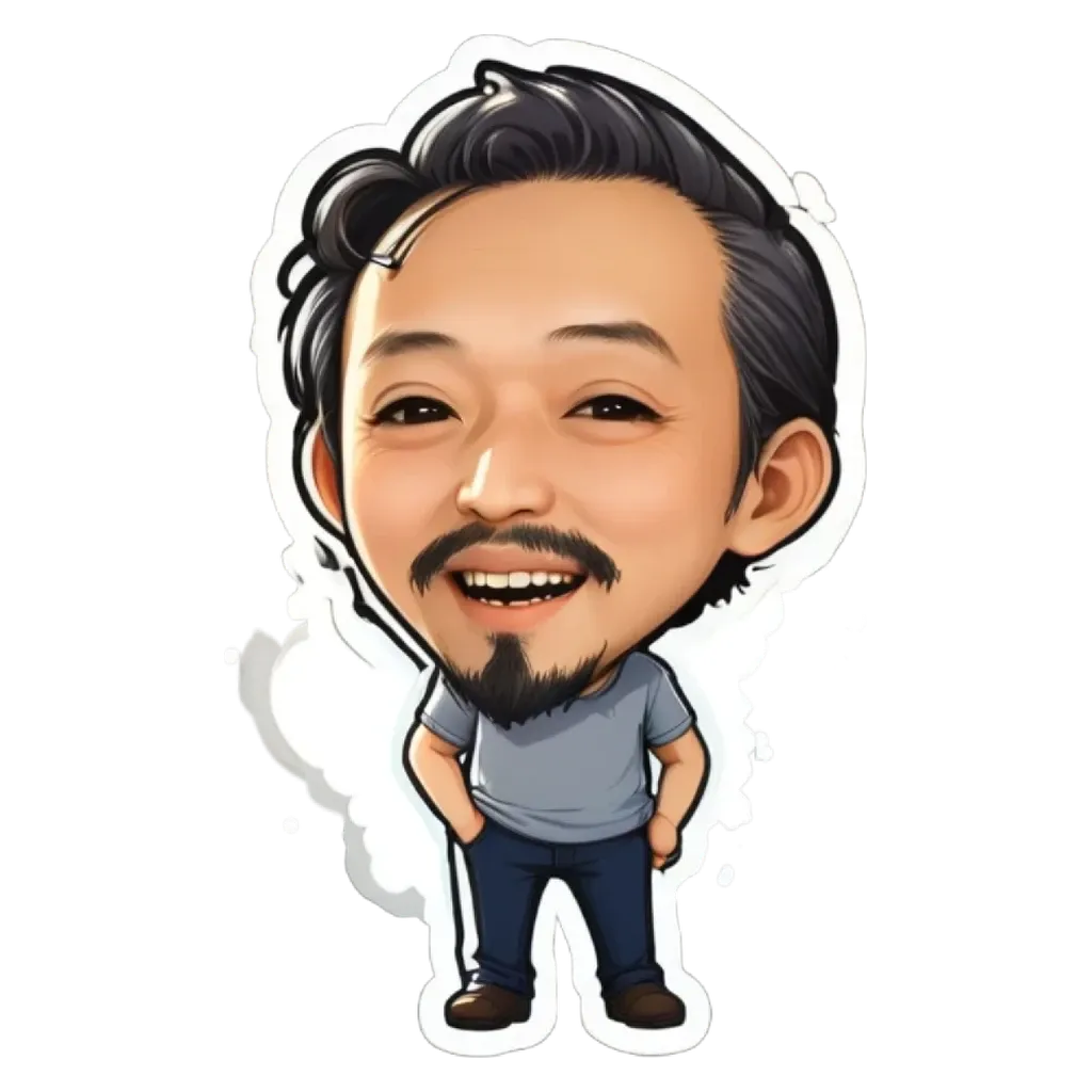 A man is depicted with a sticker of him smiling.