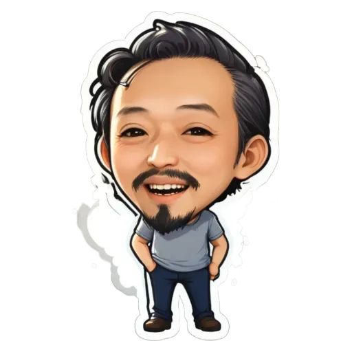 A man is depicted with a sticker of him smiling.