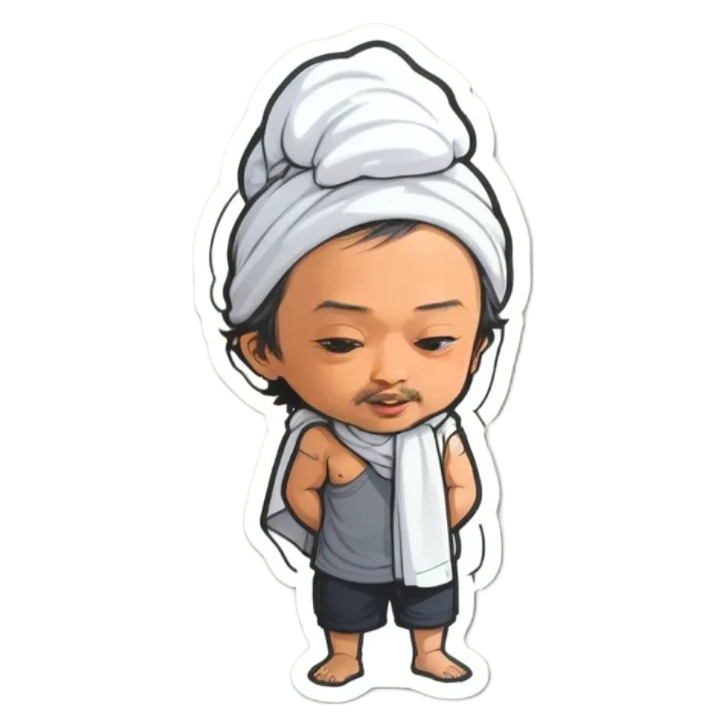 A boy is wearing a white towel around his head.