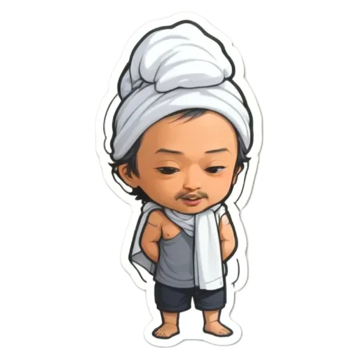A boy is wearing a white towel around his head.