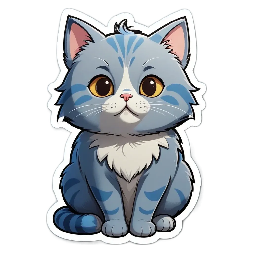 A cartoon cat with blue eyes and a pinkish nose is sitting on a black background.