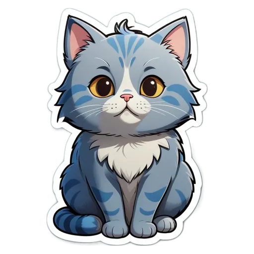 A cartoon cat with blue eyes and a pinkish nose is sitting on a black background.
