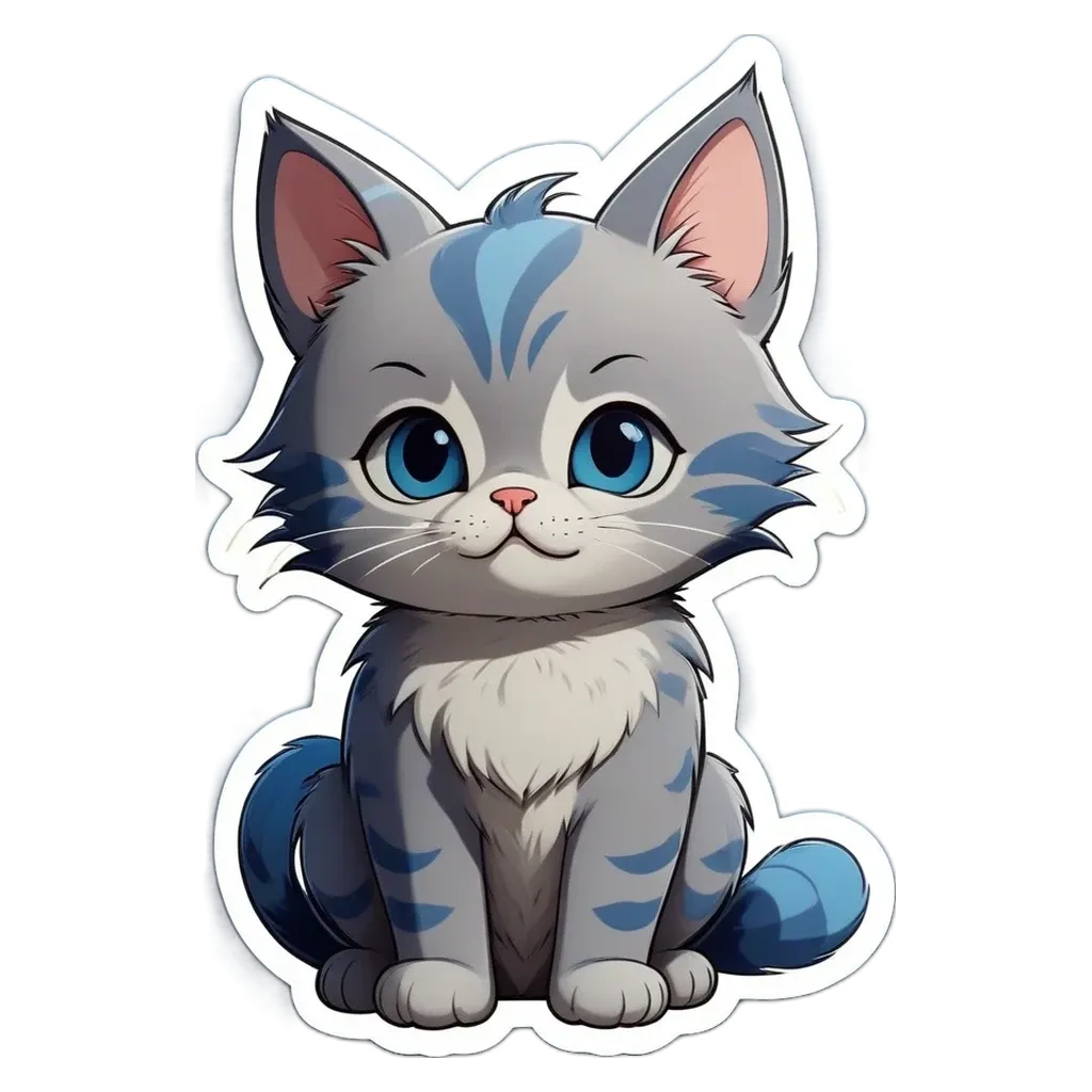 A cartoon cat with blue eyes is sitting on a black background.