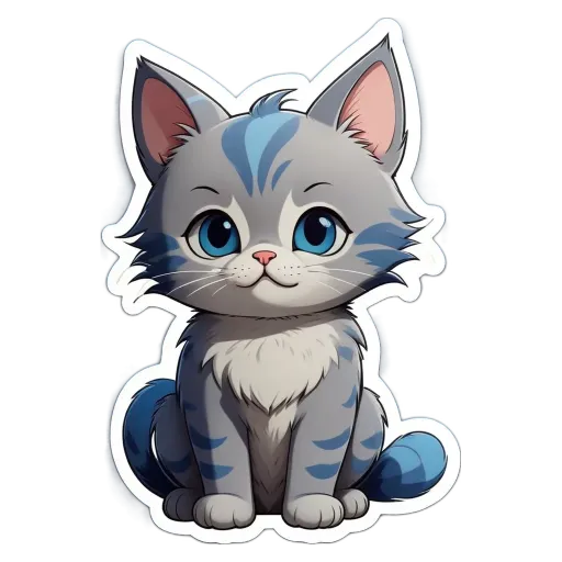 A cartoon cat with blue eyes is sitting on a black background.