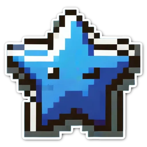 A blue star made out of pixel art is on a black background.