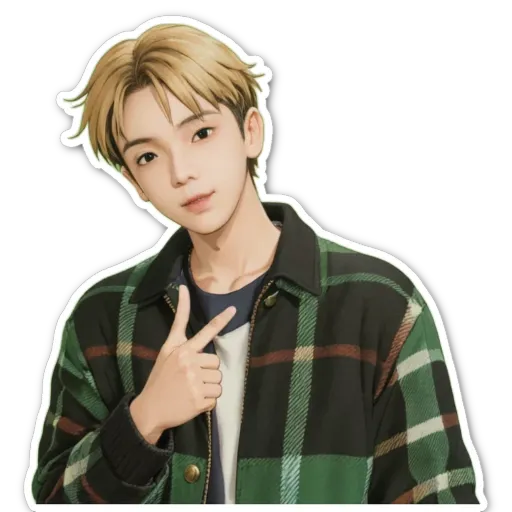 A boy with a plaid shirt is holding up his hand and finger.