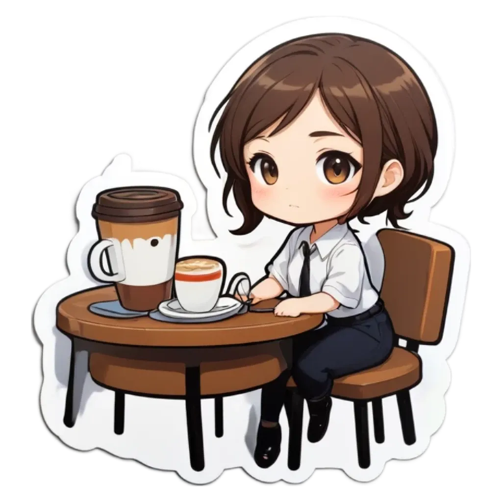 A girl is sitting at a table with a coffee and a donut.