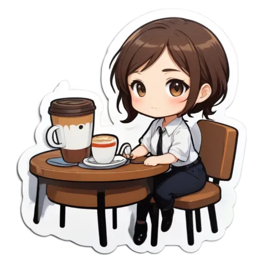 A girl is sitting at a table with a coffee and a donut.