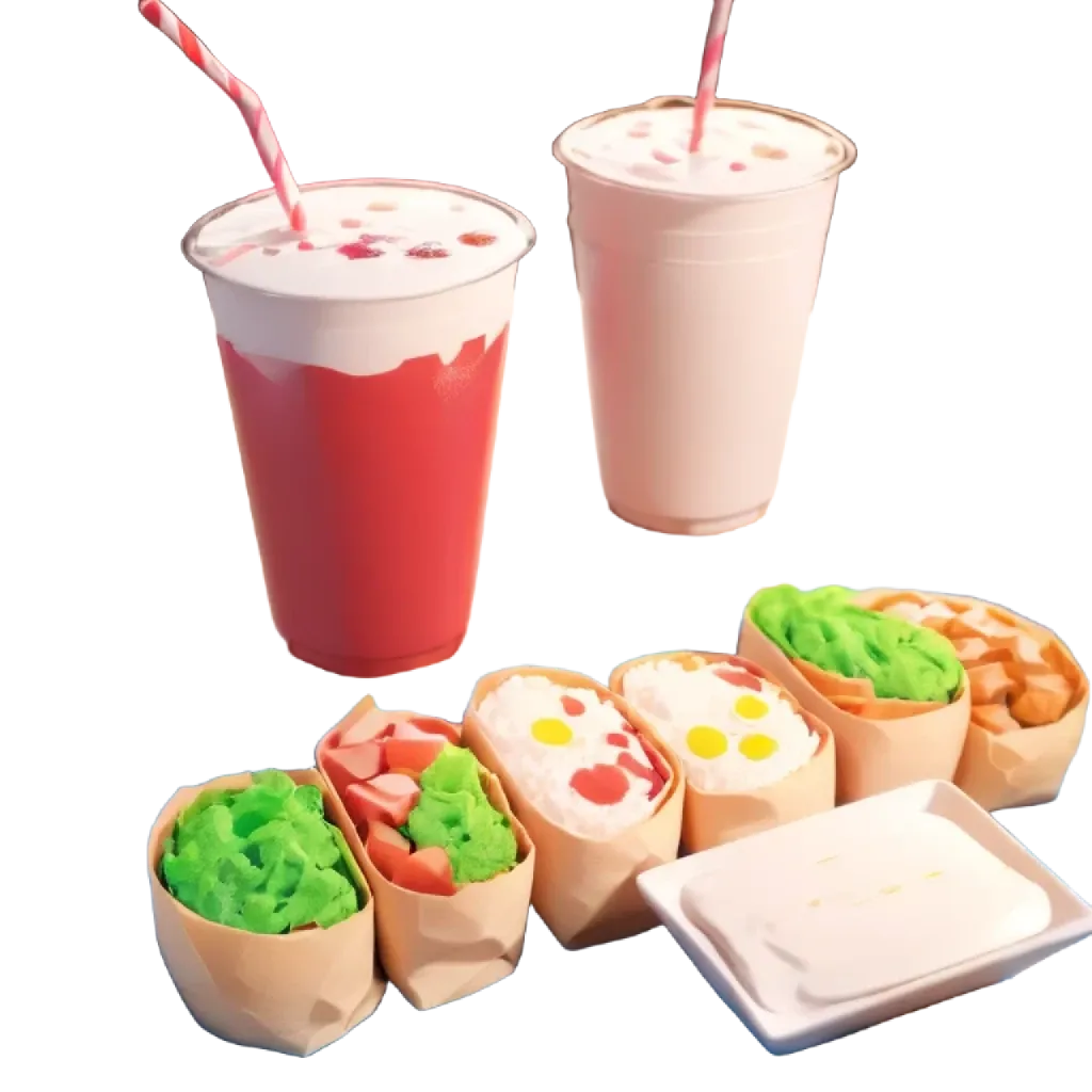 A table with food and drinks on it with a pink straw in a cup.