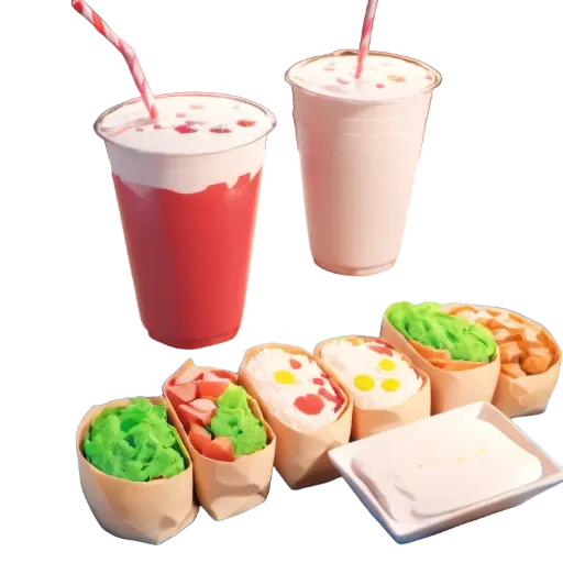 A table with food and drinks on it with a pink straw in a cup.