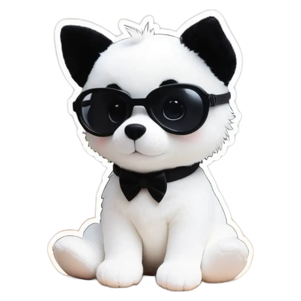 A dog wearing black and white glasses is sitting on a black and white background.