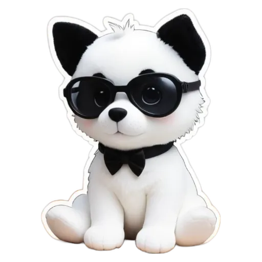 A dog wearing black and white glasses is sitting on a black and white background.