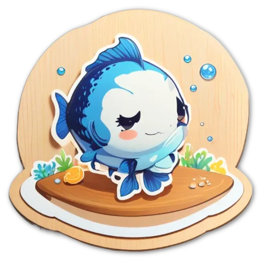 A blue fish with a smiley face sticker is on a table.