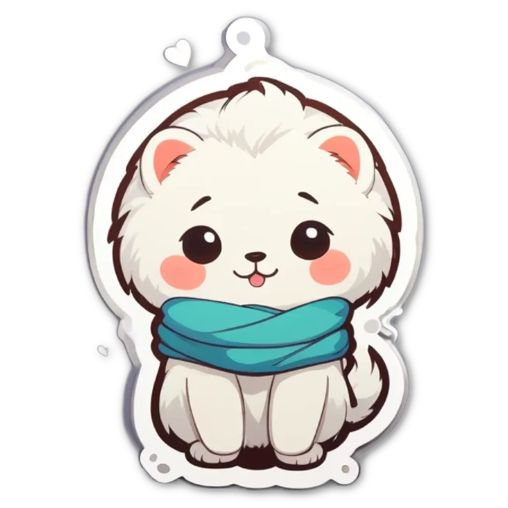 A white dog with a blue scarf is sitting on the floor.