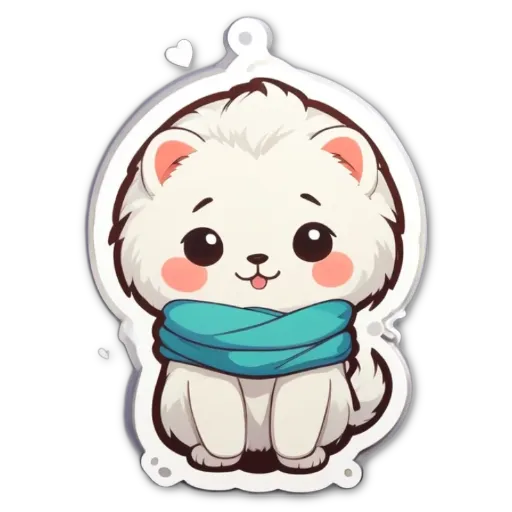A white dog with a blue scarf is sitting on the floor.