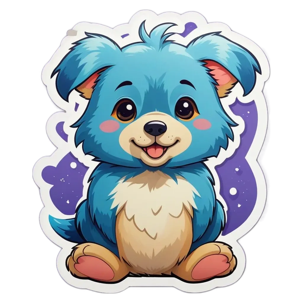 A blue dog sticker with a purple background.