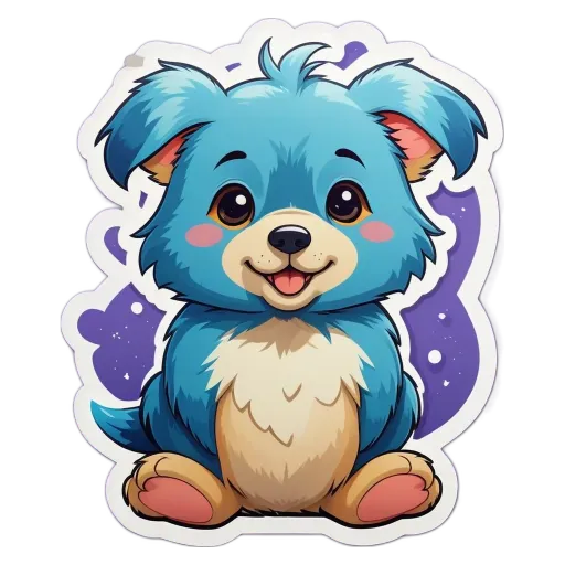 A blue dog sticker with a purple background.