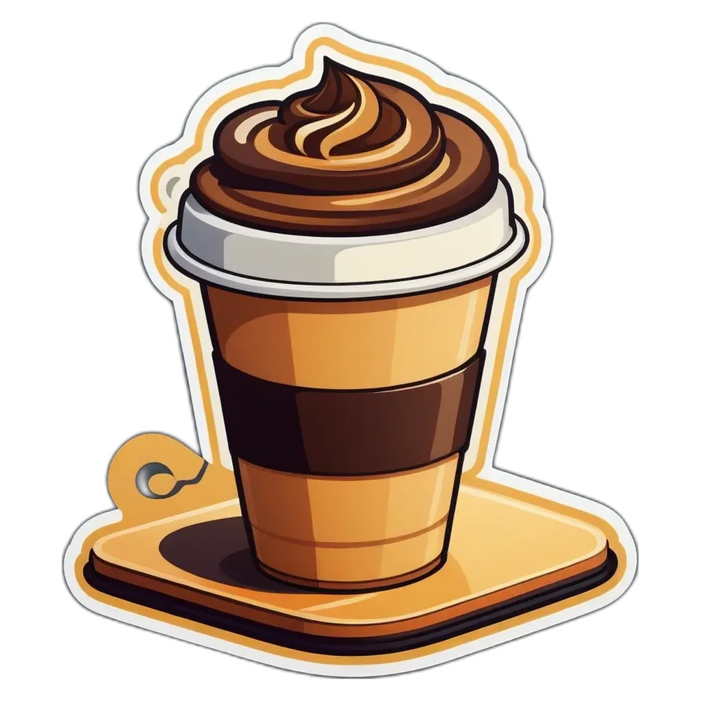A cartoon coffee drink in a plastic cup with a lid.