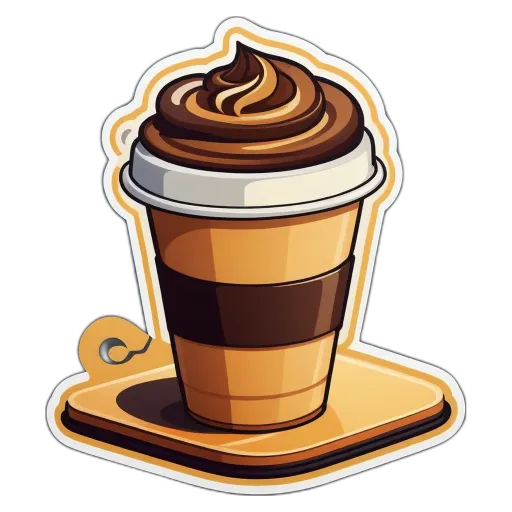 A cartoon coffee drink in a plastic cup with a lid.