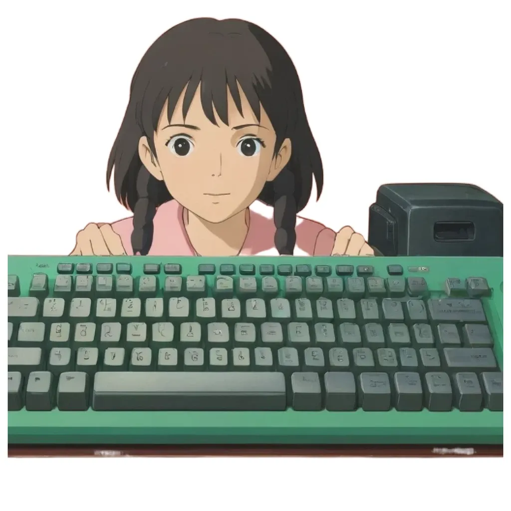 A girl looking at a keyboard.