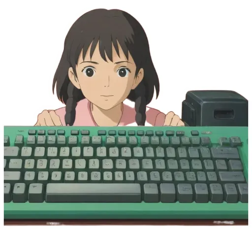 A girl looking at a keyboard.