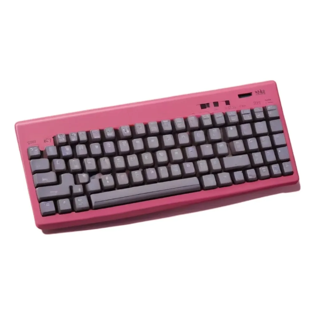 A pink and gray keyboard is on a black background.