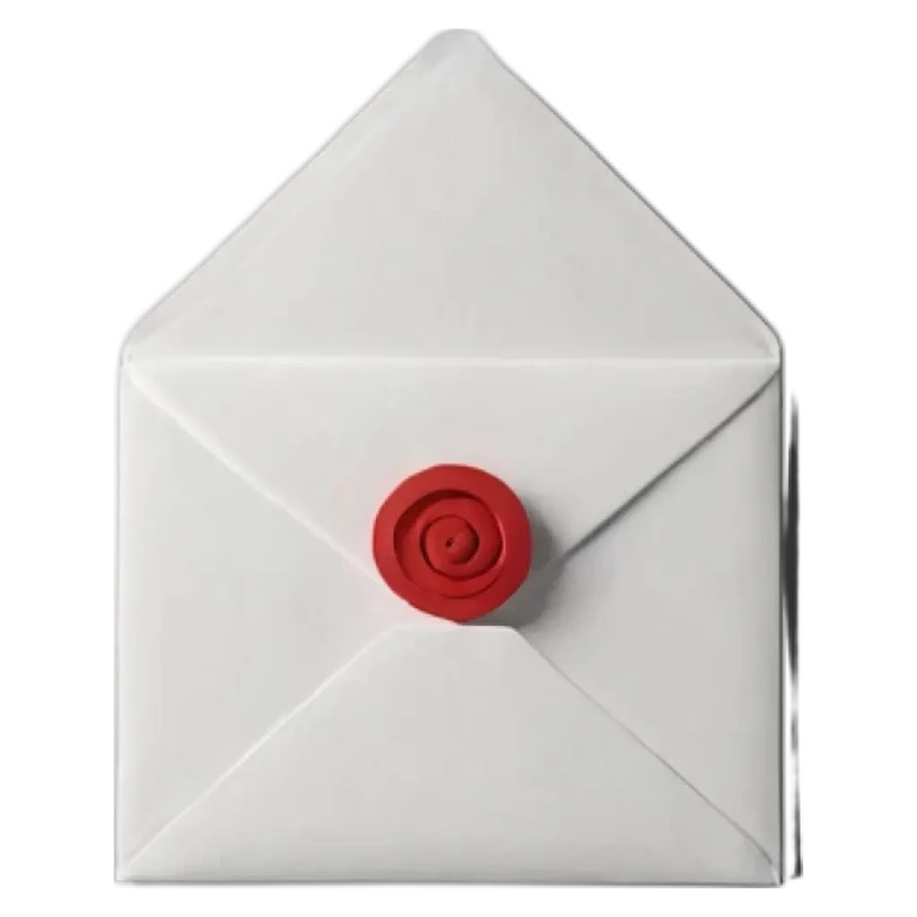 A white envelope with a red stamp in the center of it.