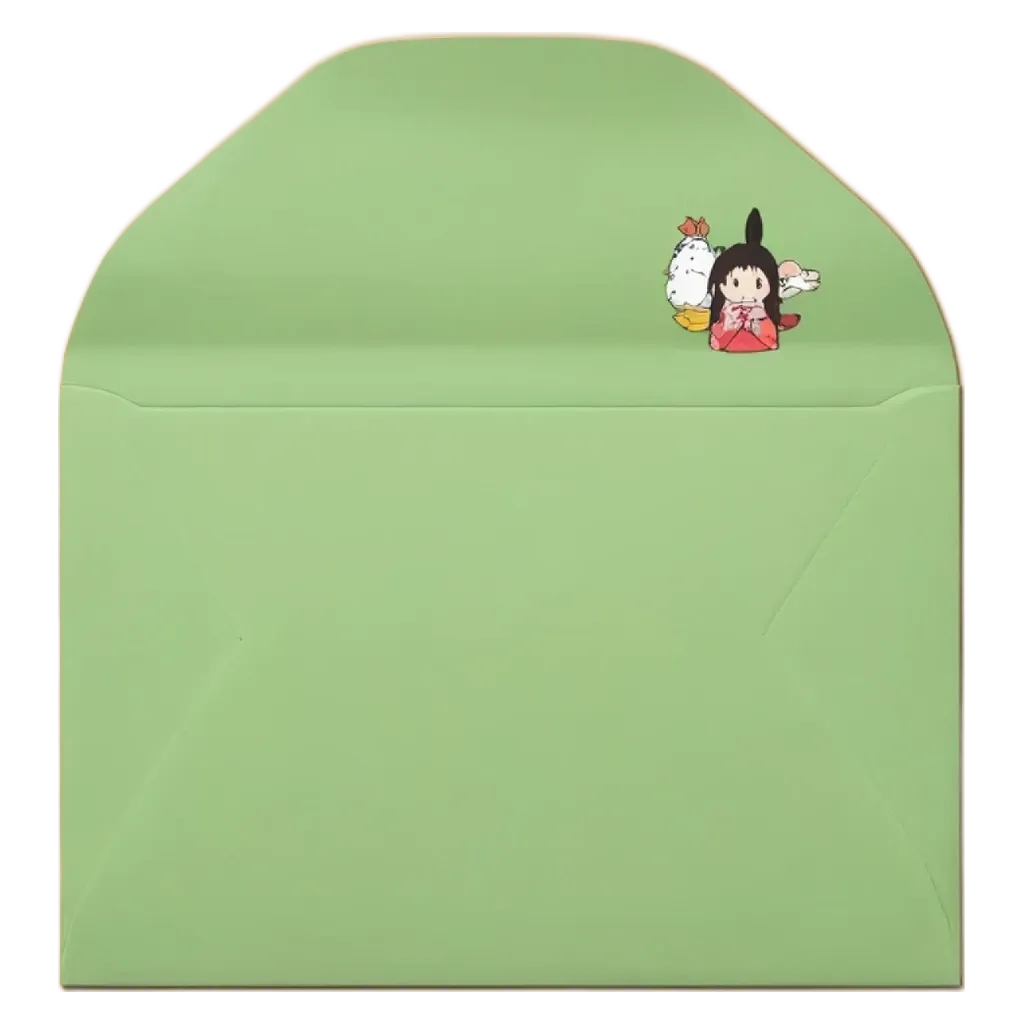 A green envelope with a girl and chicken on the front.