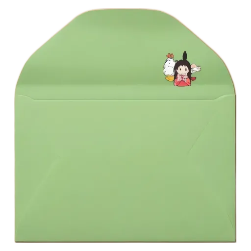 A green envelope with a girl and chicken on the front.