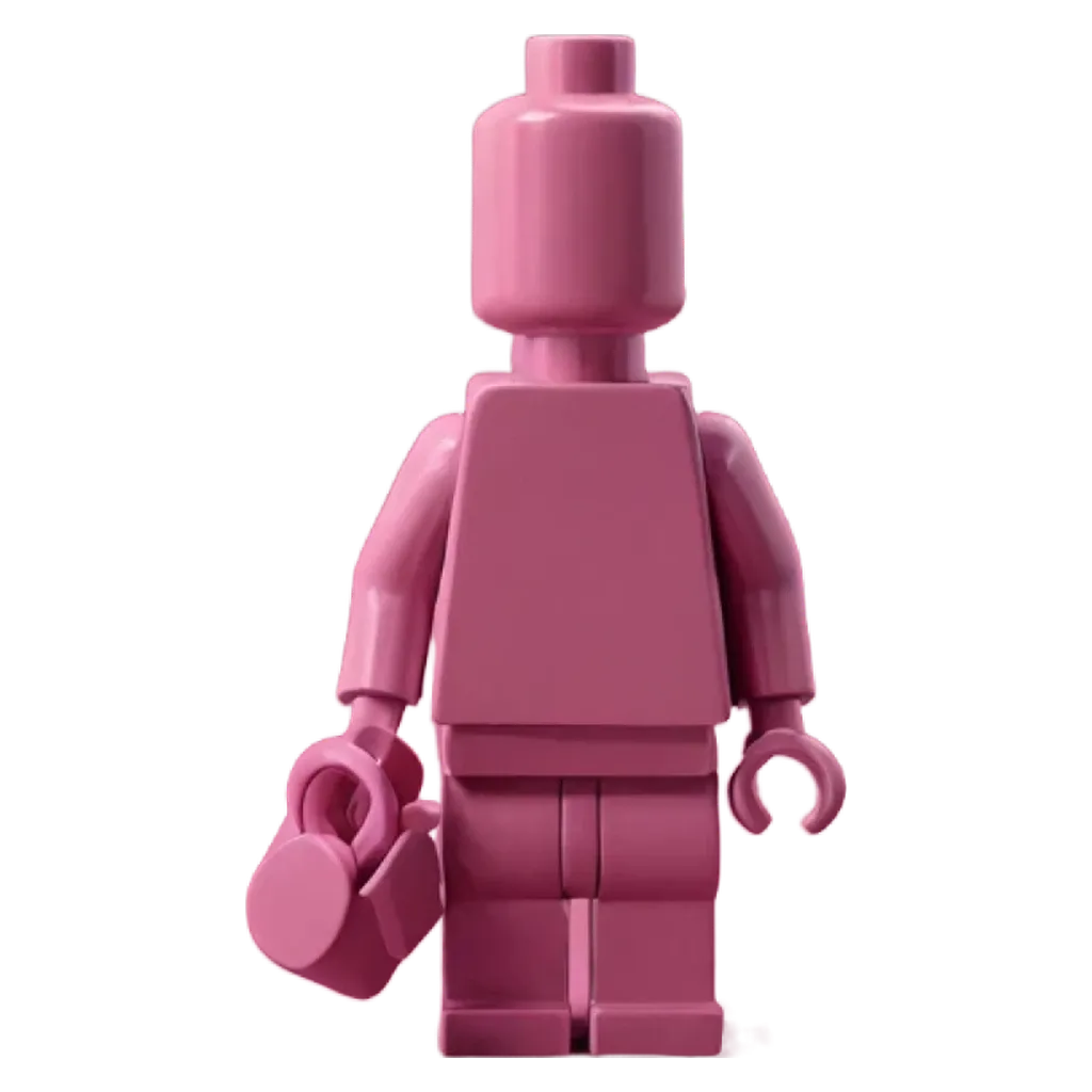 A pink lego figure holding a pink object.