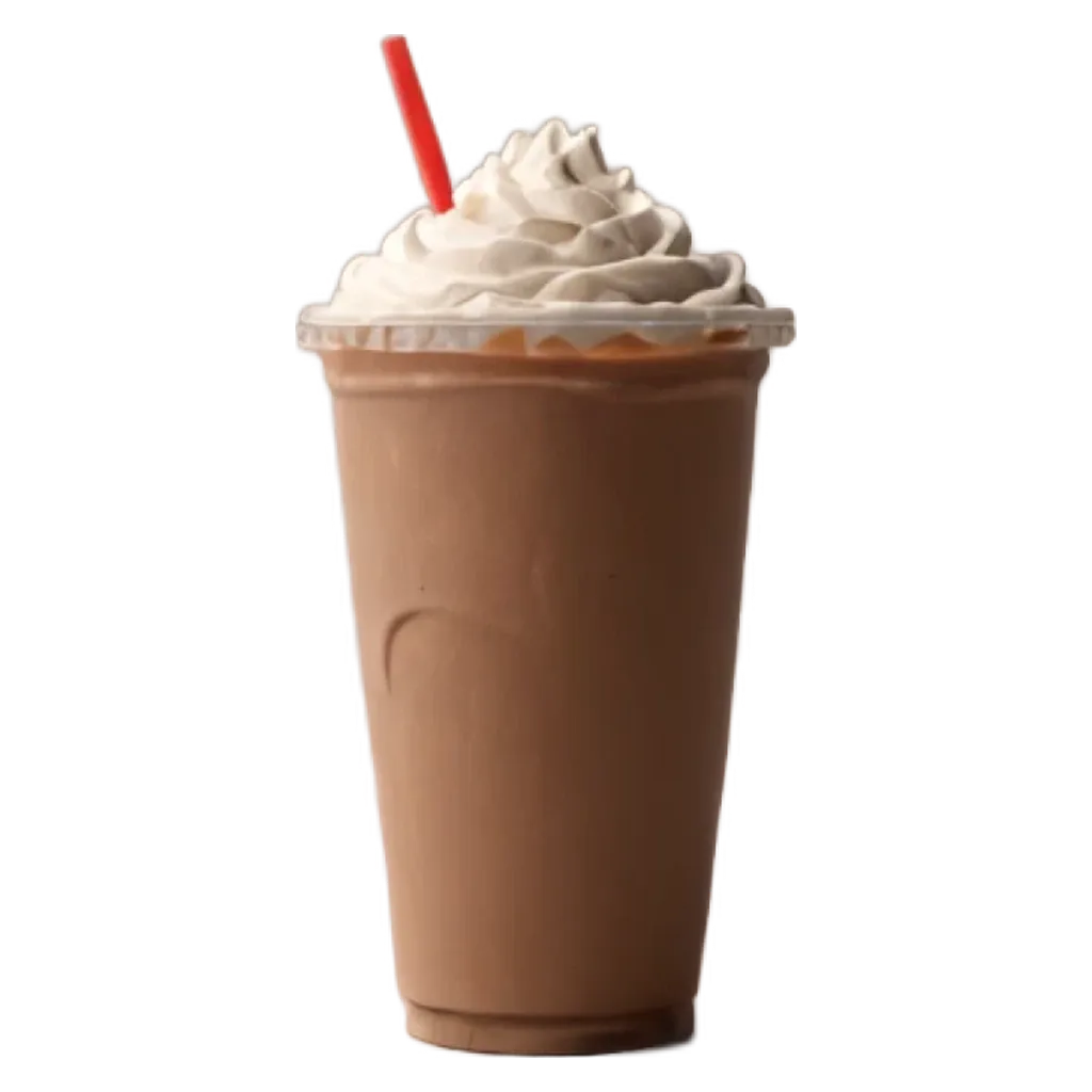 A cup of chocolate milkshake with a red straw in it.