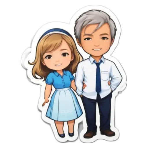 A boy and girl stickers are on a black and white background.