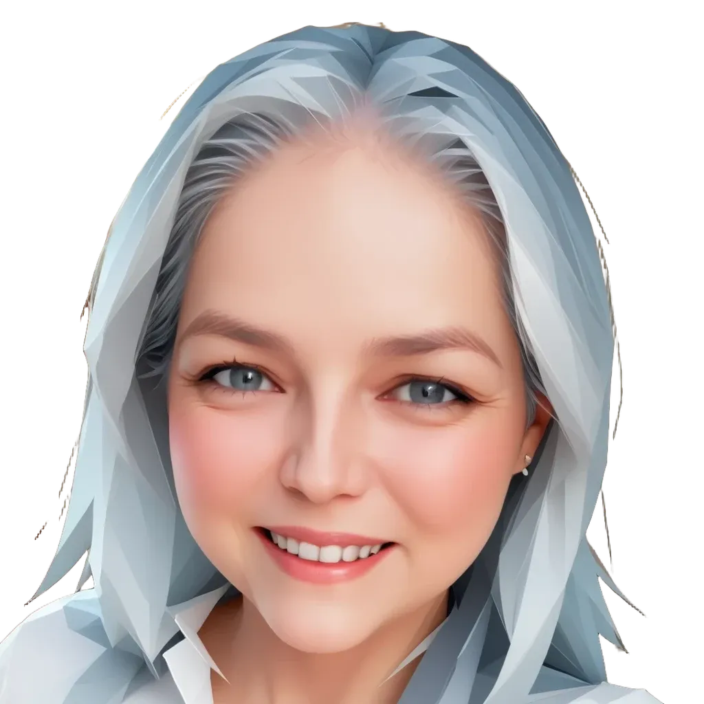 A woman with a white shirt and blue eyes.