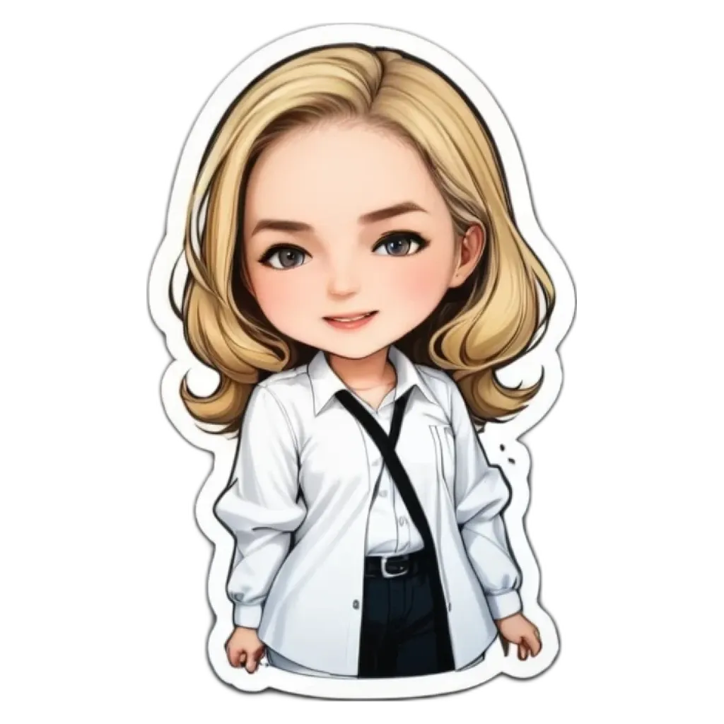 A girl with blonde hair is wearing a white shirt and black tie.