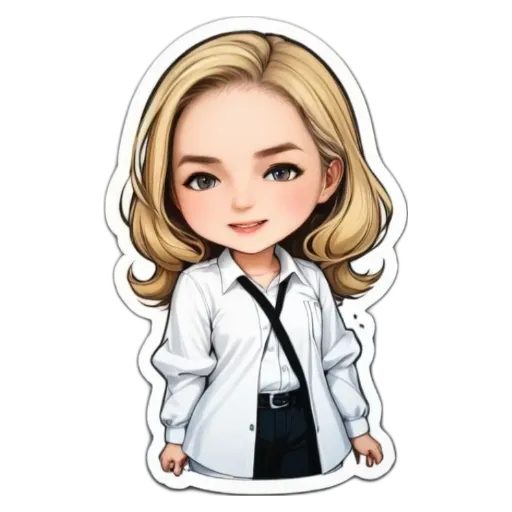 A girl with blonde hair is wearing a white shirt and black tie.