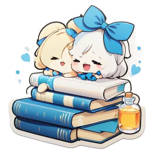A sticker of two girls sleeping on books as if they were real.