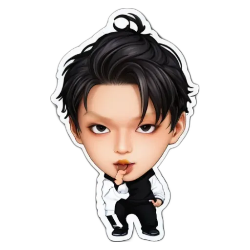 A boy that has a black hair and a white face.