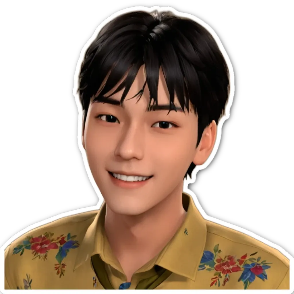 A boy wearing a floral print shirt and smiling.