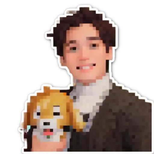 A boy holding a dog in a pixelated image.