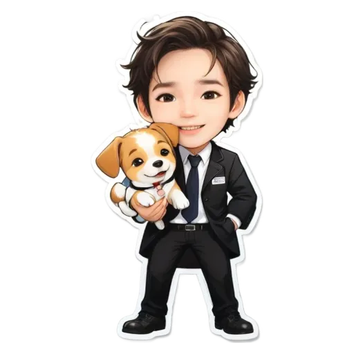 A boy is holding a dog in a cartoon like manner.