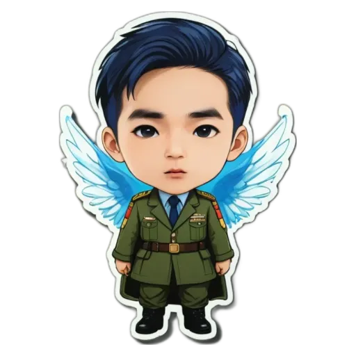 A boy with angel wings and a military dress that is green.