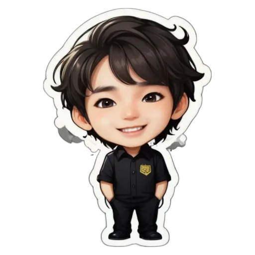 A boy is smiling and his picture is printed on a black background.