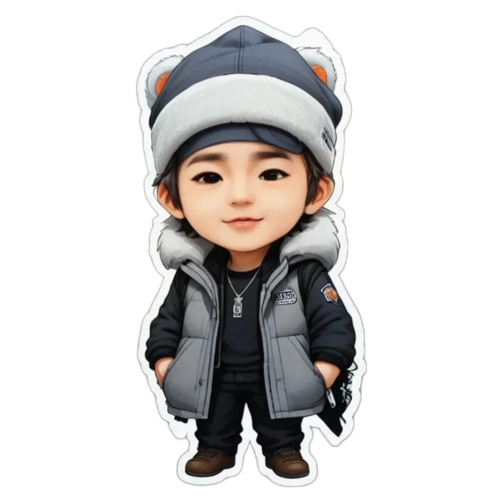 A boy is wearing a hat and jacket with the word TELEVISION written on his jacket.