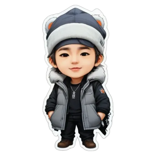 A boy is wearing a hat and jacket with the word TELEVISION written on his jacket.