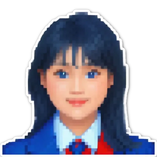 A very detailed and small image of a girl wearing a blue and white school uniform.