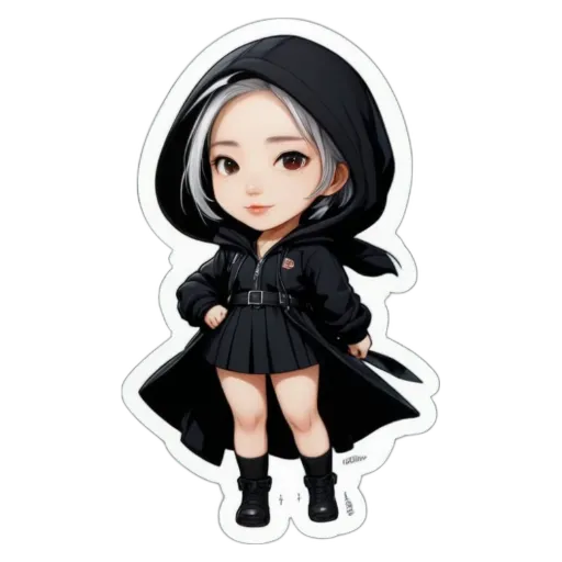 A girl in a black dress with a hood on her head.
