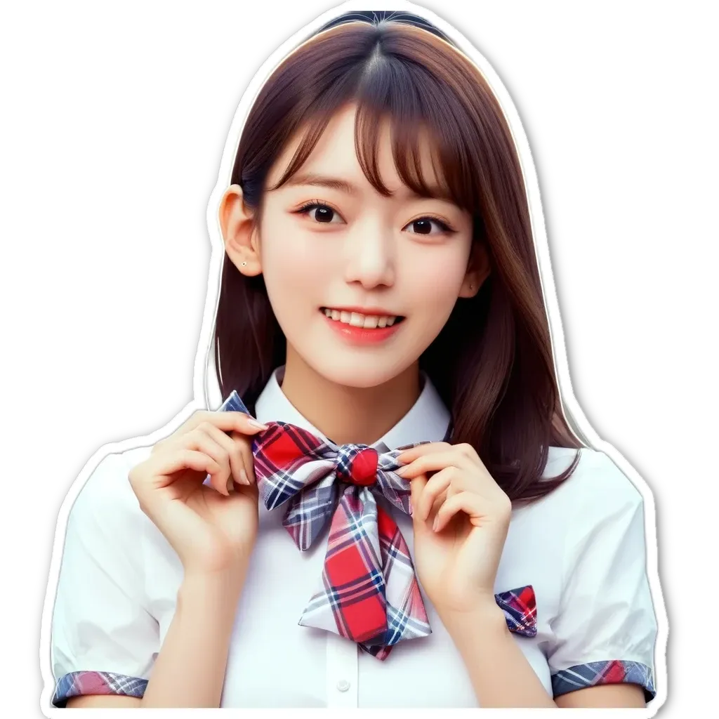 A young girl wearing a white shirt and a red and blue plaid bow tie.